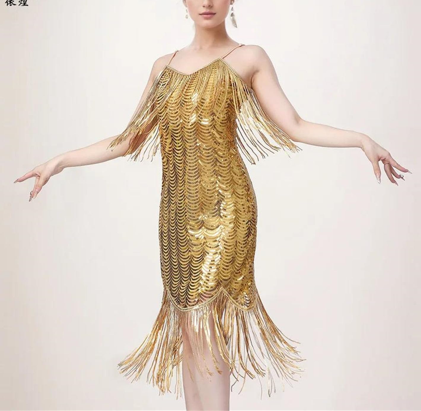 Women Fashion Sequin Latin Dress Autumn Solid Tassel Detail Stylish Outfit for Latin Dance Practice Stage Show