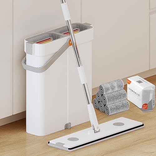 MOPALL Trapeador y cubo con juego de escurridor, trapeador plano grande de 16 pulgadas y sistema de cubo estrecho, trapeador de piso de madera dura