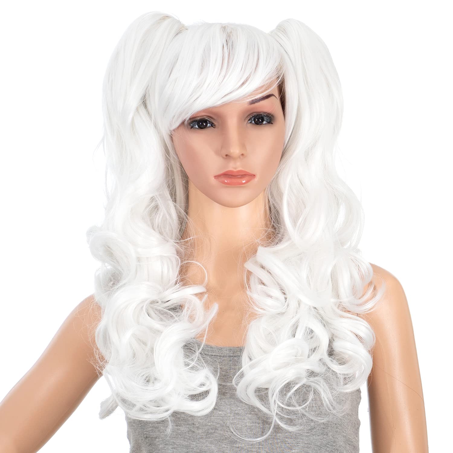 SWACC Long Curly Double Claw Clip on Ponytail Wig Synthetic Pastel Colorful Cosplay Daily Party Wig for Women with Wig Cap (White)