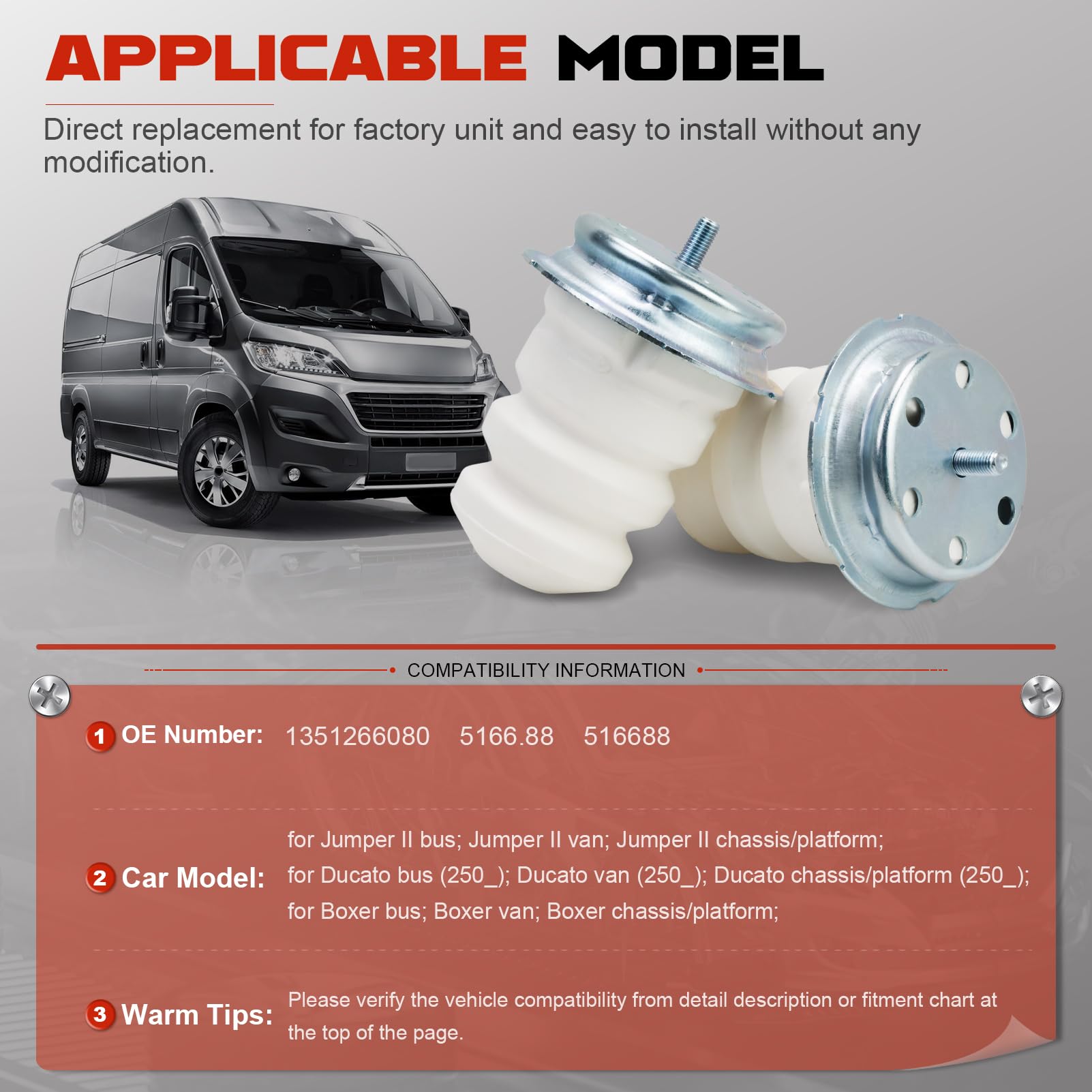 2*Butée Suspension Arrière Caoutchouc pour Jumper Ducato 250 Boxer 2006-2019, Butoir Amortisseur Suspension Arrière, Tampon Suspension, 1351266080 5166.88 516688