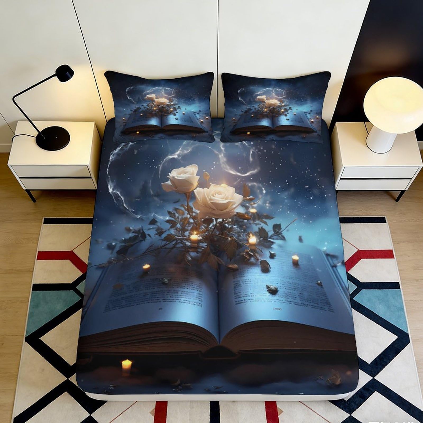 Pnayamiorkfel Style-1 3D Printed Dreamy Night Sky Fitted Sheet Microfiber Soft Rose Book Bed Cover For Bedroom Dorm Artistic Mattress Protection Decor 90X200x25cm