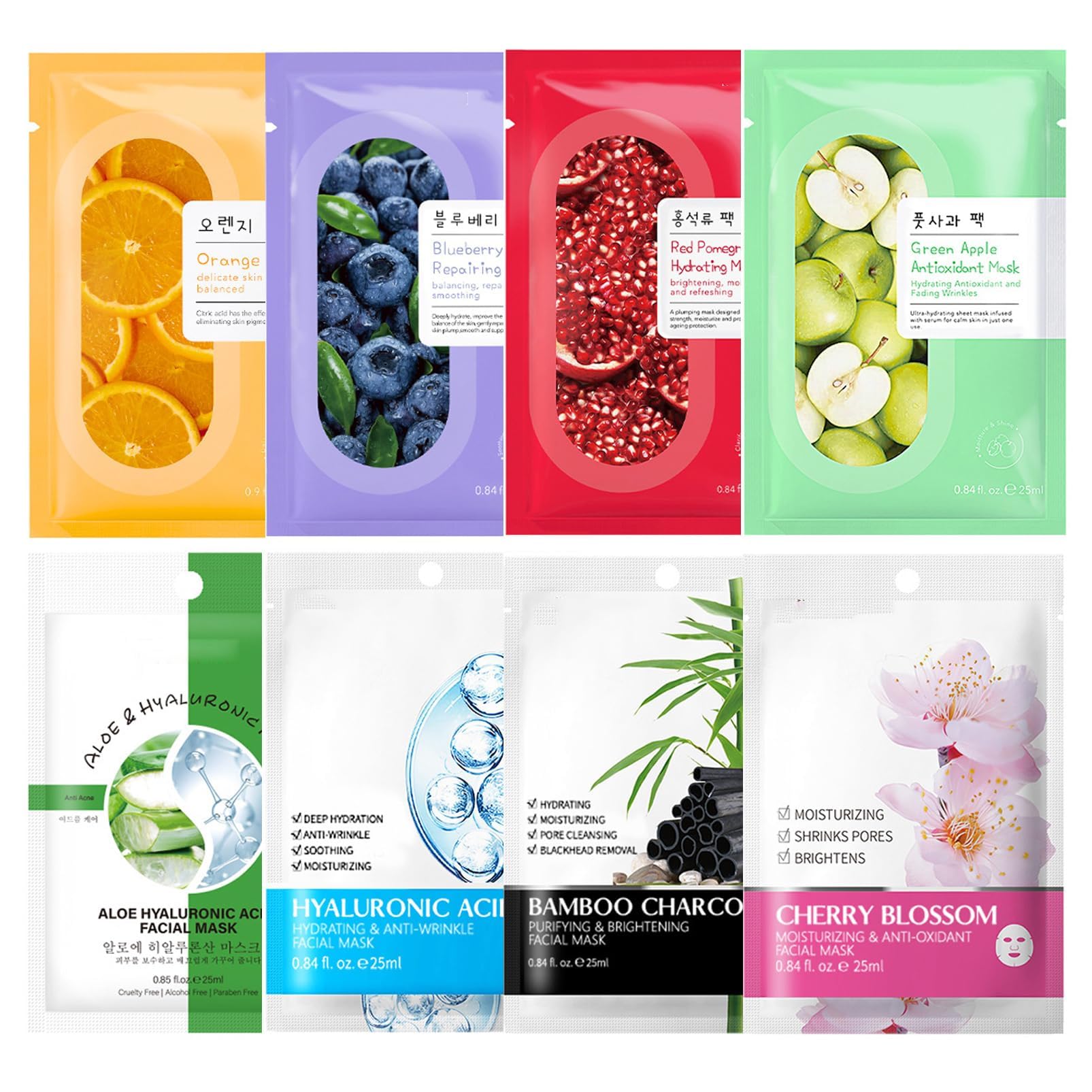 Sheet Masks, Natural Plant Extract Facial Masks Skincare, 8Pcs Korean Face Masks for Hydrating, Moisturizing, Deep Cleansing Pores, Nourishing, Anti-aging for All Skin Types (Multicolored-Set 1)