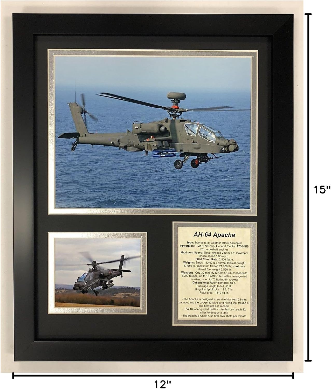 Legends Never Die Ah-64 Apache Helicopter Framed Double Matted Photos, 12" x 15", (14001U)