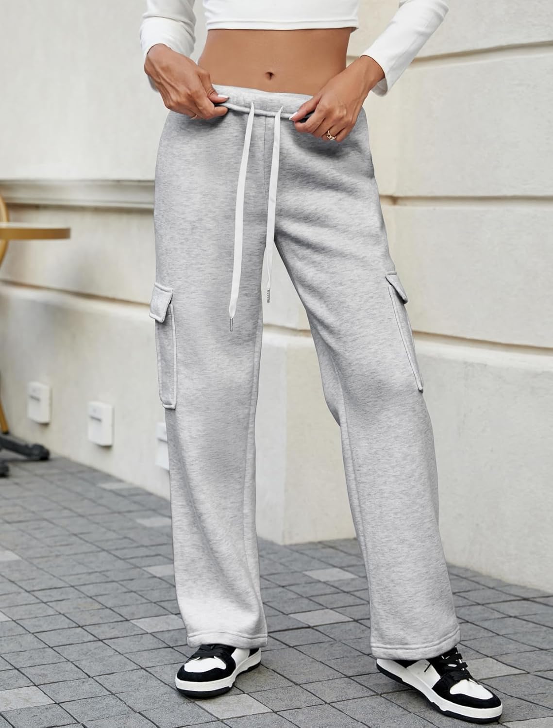 MOYEE Womens Cargo Sweatpants High Waisted Straight Leg Fleece Lined Sweat Pants with 4 Pockets - Image 4