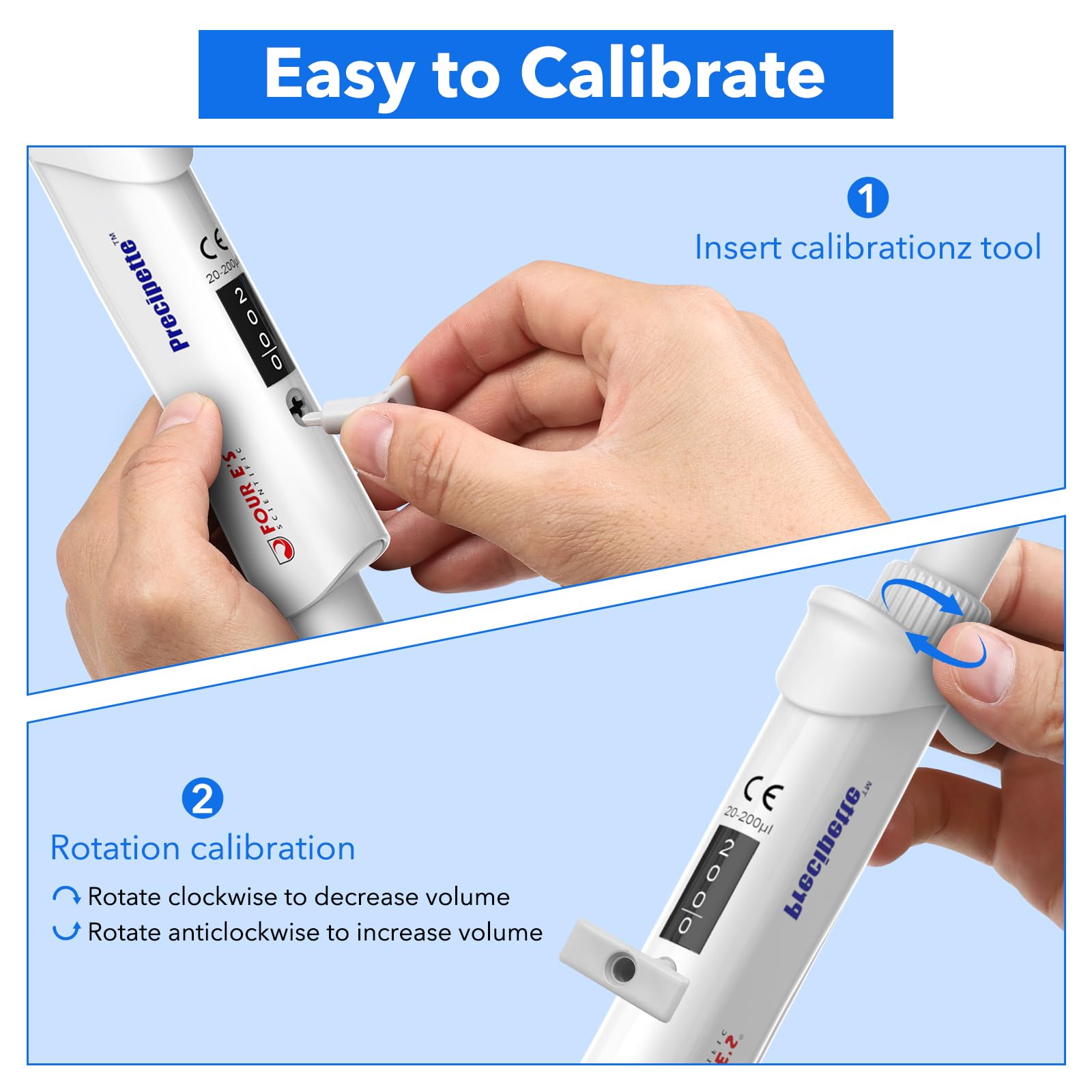 Mikropipette 20-200μl – Labor-Ein-Kanal-Pipette Hochpräzise, Mikropipette mit Einstellbarem Volumen, Unterer Teil Autoklavierbar