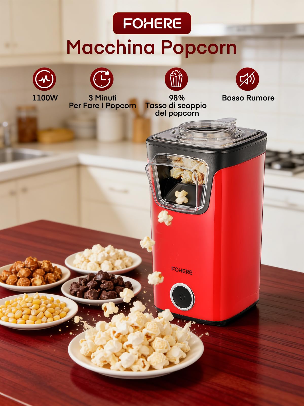 FOHERE Macchina Popcorn, 1100W Macchina per Pop Corn Dotato di Misurino e Coperchio Trasparente, Senza Grassi Né Oli, Gustoso e Salutare, Ideale per Serate Cinematografiche e il Natale