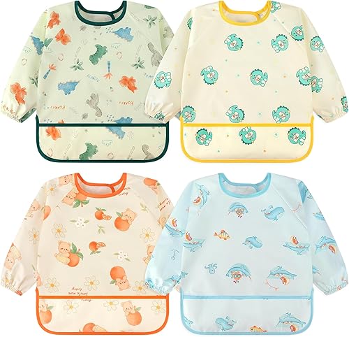 Miniatura 19 de Accmor Paquete de 4 baberos de manga larga, baberos impermeables para bebé de 6 a 36 meses Alce Amarillo/Cactus Verde/Cerdo Naranja/Flamenco