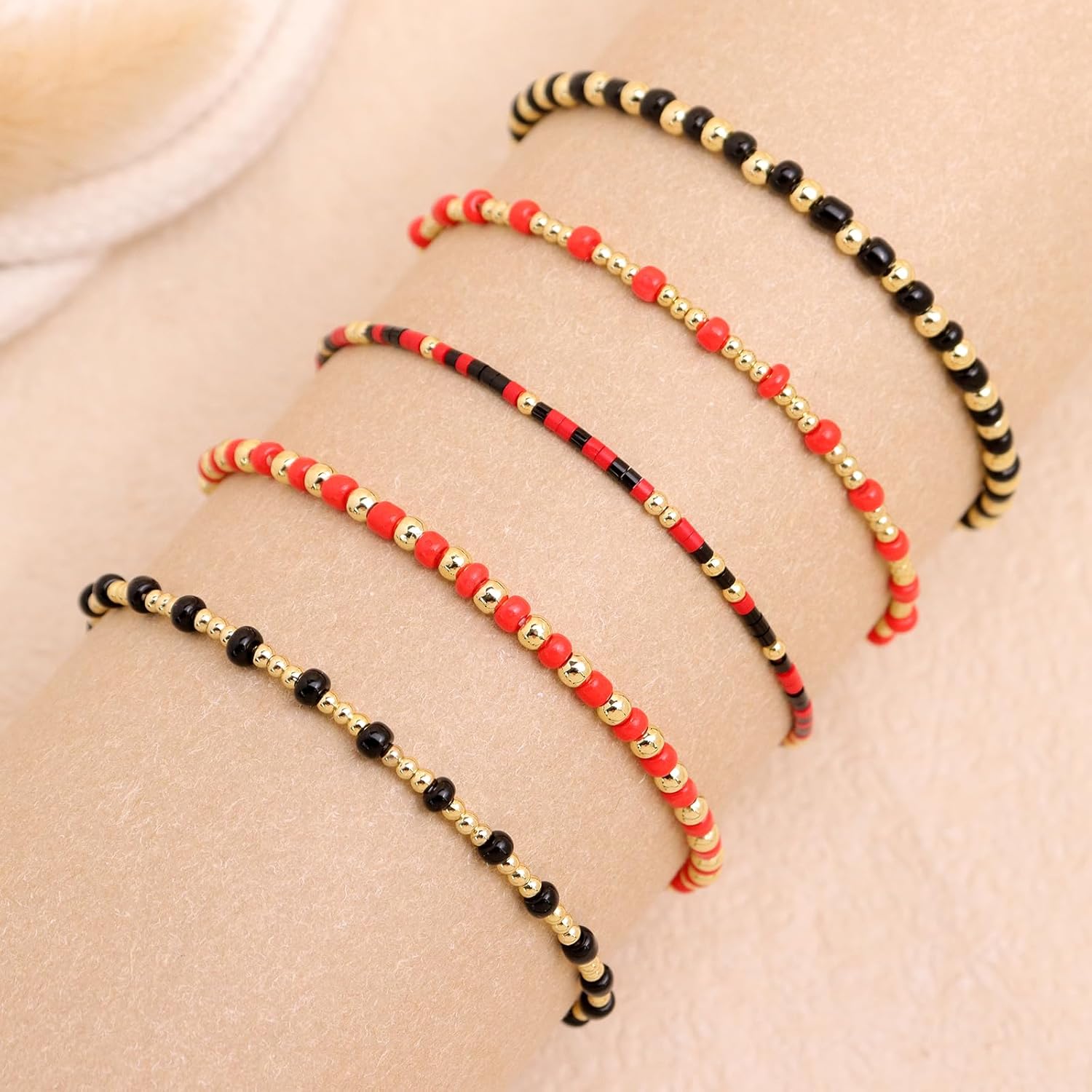 Gold Beaded Stack Bracelets Set for Women, Trendy Boho Handmade Red Black Beads Stackable Stretch Bracelet Everyday Fashion Jewelry Gift. - Image 5