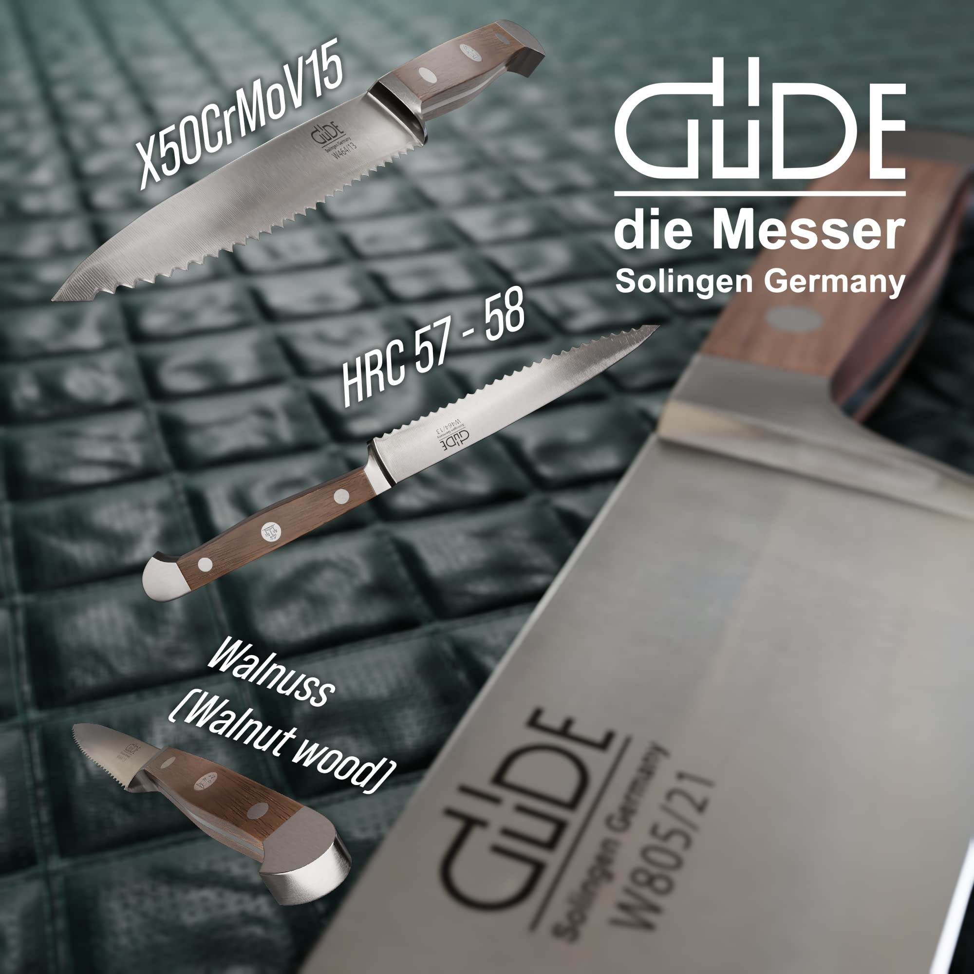 Güde Solingen - Cuchillo para tomate con sierra forjado, 13 cm, madera de nogal, ALPHA-WALNUT - doble virola, Hecho a mano en Alemania