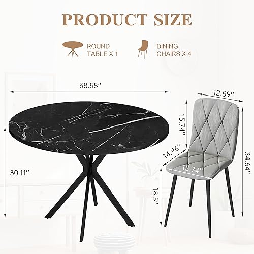 Miniatura 2 de DKLGG Juego de mesa redonda de comedor para 4, mesa de comedor de mármol sintético de 39 pulgadas con sillas tapizadas de terciopelo, juego de mesa
