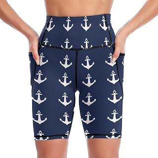 Nautical Navy Blue an-chors Women's Biker Yoga Shorts with Pockets High Waist Workout Shorts for Running Athletic