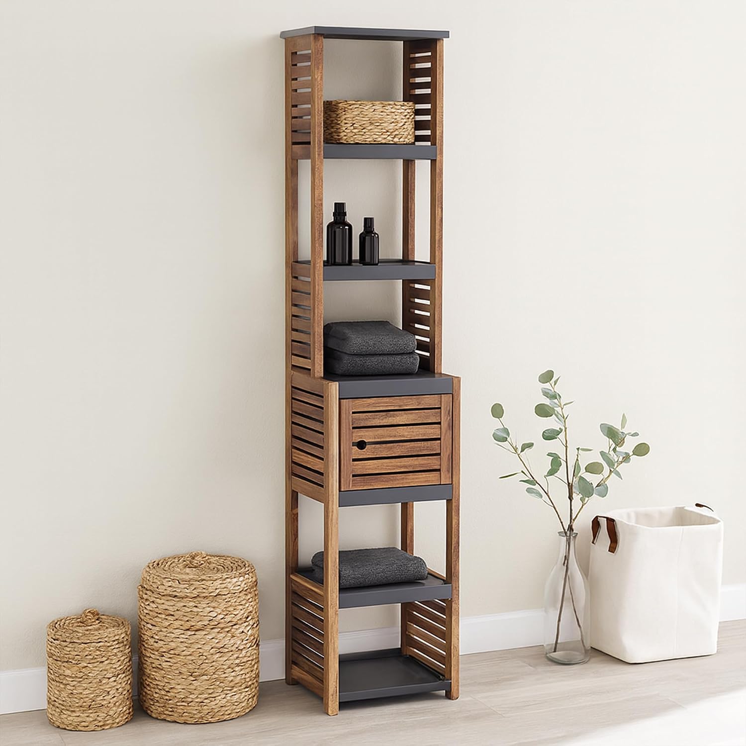 EVIDECO French Home Goods Tall Bathroom Storage Cabinet with Multiple Shelves and Vented Door, Brown and Gray - Elements Collection