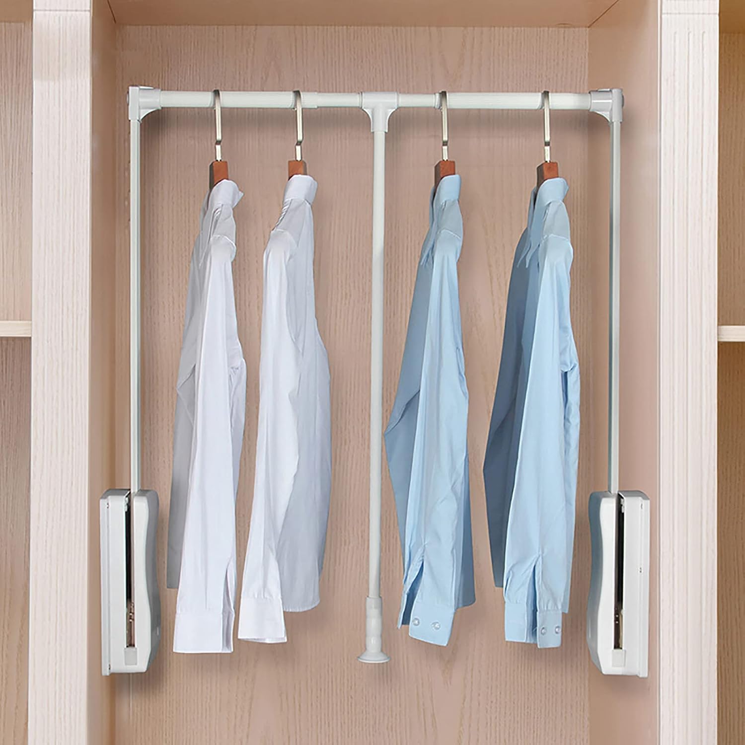 LDIW Heavy Duty Pull Down Closet Rod - Retractable Adjustable Width Wardrobe Rail Lift Hanger Organizer System for Clothes Storage,White,600 to 830mm