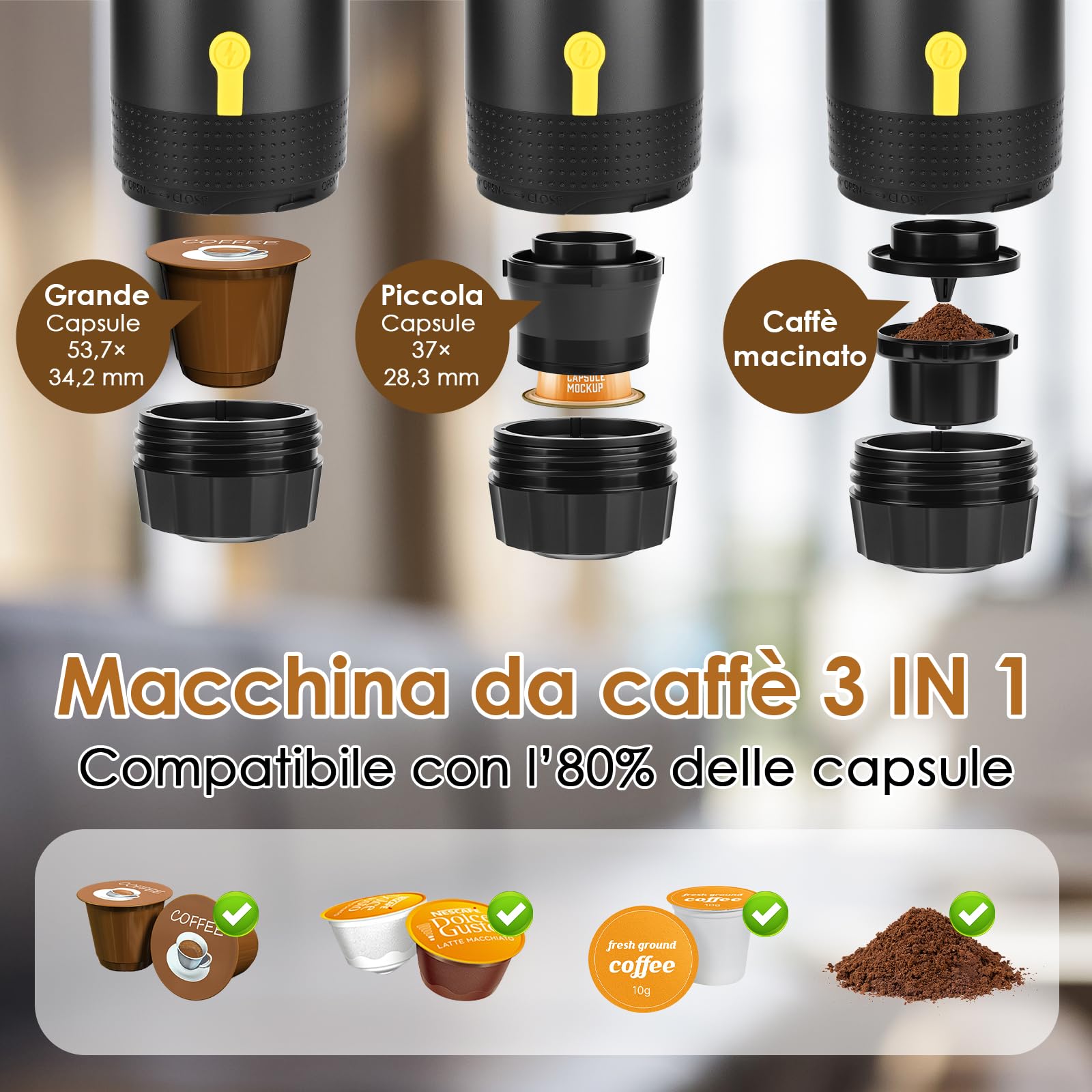Dreamhigh® Macchina per caffè espresso portatile con batteria da 7500 mAh, macchina da caffè da viaggio, piccola con USB e caricatore per auto, mini macchina per espresso compatibile con capsule di