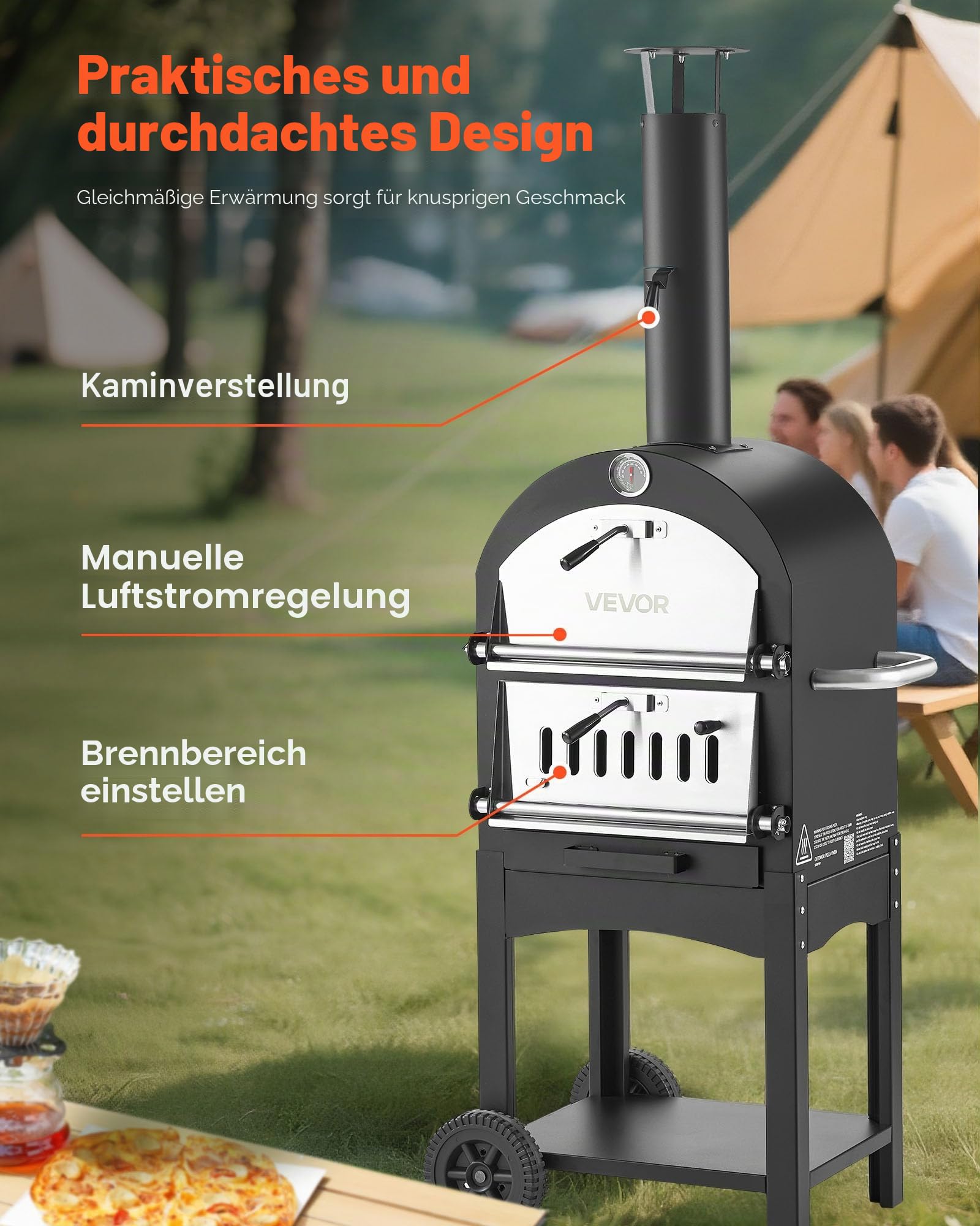 VEVOR Pizzaofen 12 Zoll Pelletöfen, 2-lagiger Pizzaofen mit Holzfeuerung, Holzbefeuerter Ofen Outdoor mit 2 abnehmbaren Rädern, Pizzamaker mit Höchsttemperatur von 540 °C zum Grillen