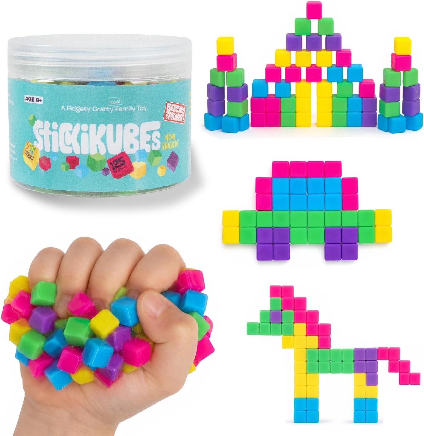 KOMARC GAMES StickiKubes, Mini Stacking Cubes that Stick to Anything, Non Toxic Kid Safe Sticky Blocks, Creative Construction Toy - 125 Cubes, 5 Neon Colors, Tub