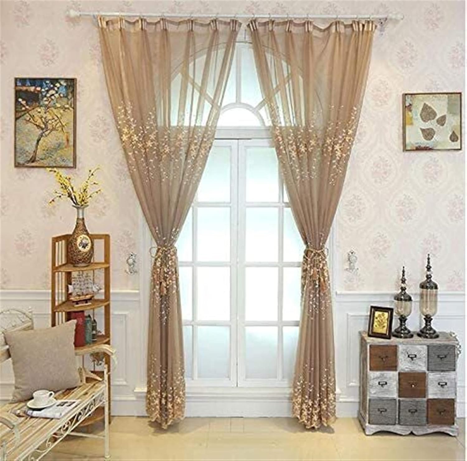 PILYON Bedroom Tulle Curtains, Semi Sheer Window Curtains Embroidery Flower Curtain Bay Window Screen Balcony European White Gauze 1 Pcs (Color : A, Size : W200*H260cm(78 * 102inch))