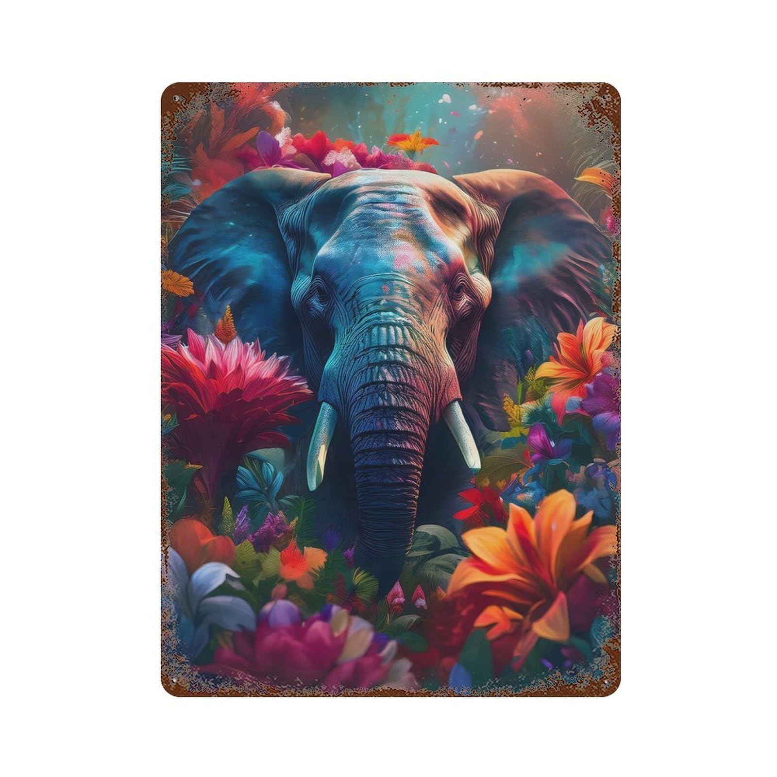 Rust Effect Floral Elephant Rusty Metal Tin Sign 15.7"x11.8", Old School Wall Decor for Cafe, Home Bar And Lounge Decor
