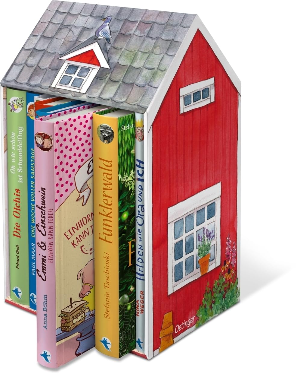 Mein Kinderbuchhaus: Die schönsten Oetinger-Bücher im Spielhaus-Schuber | Hochwertiger Schuber im Schwedenhaus-Stil für ein schönes Bücherregal mit acht beliebten Kinderbüchern für die ganze Familie