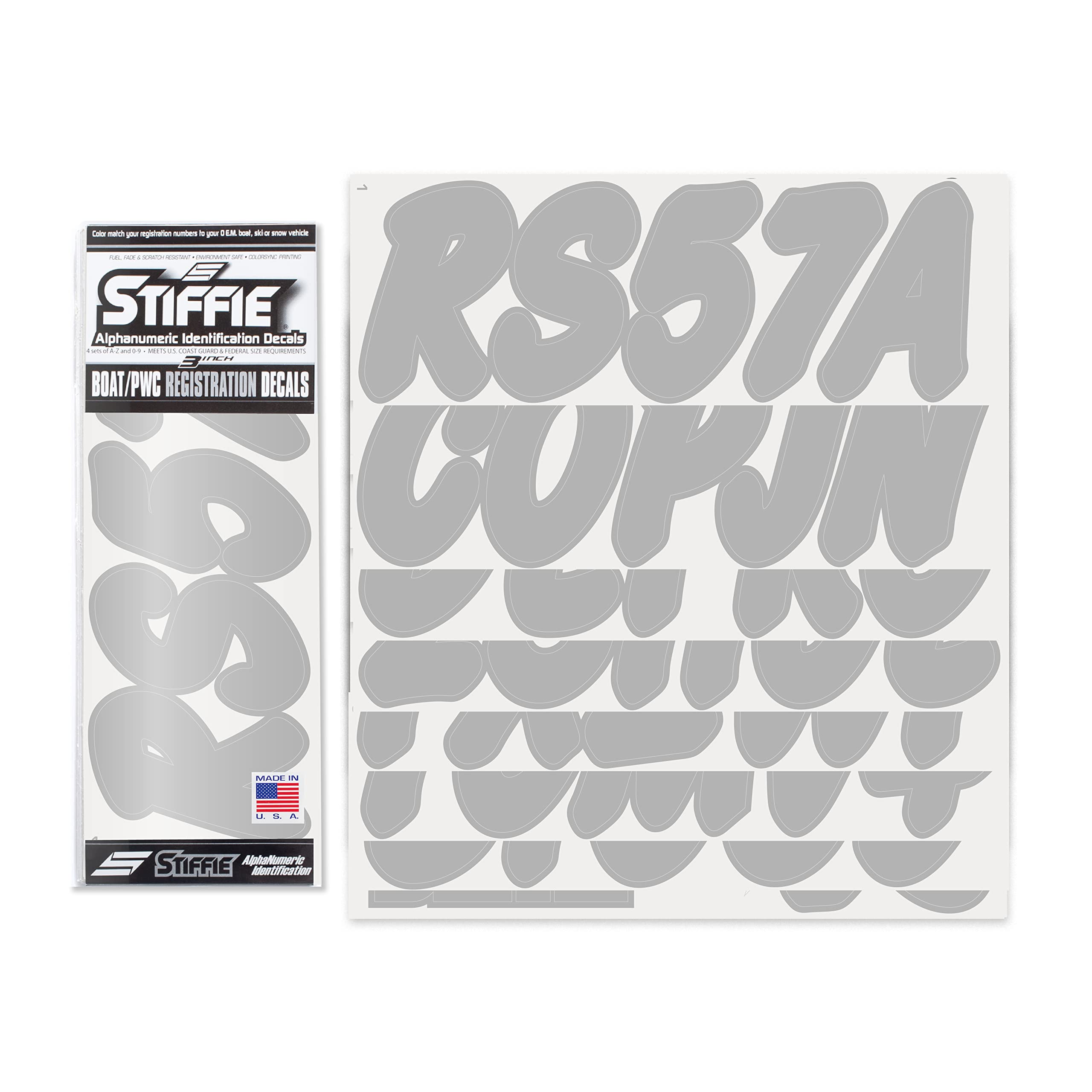 STIFFIE Whip-One Silver 3" Alpha-Numeric Registration Identification Numbers Stickers Decals for Boats &amp; Personal Watercraft