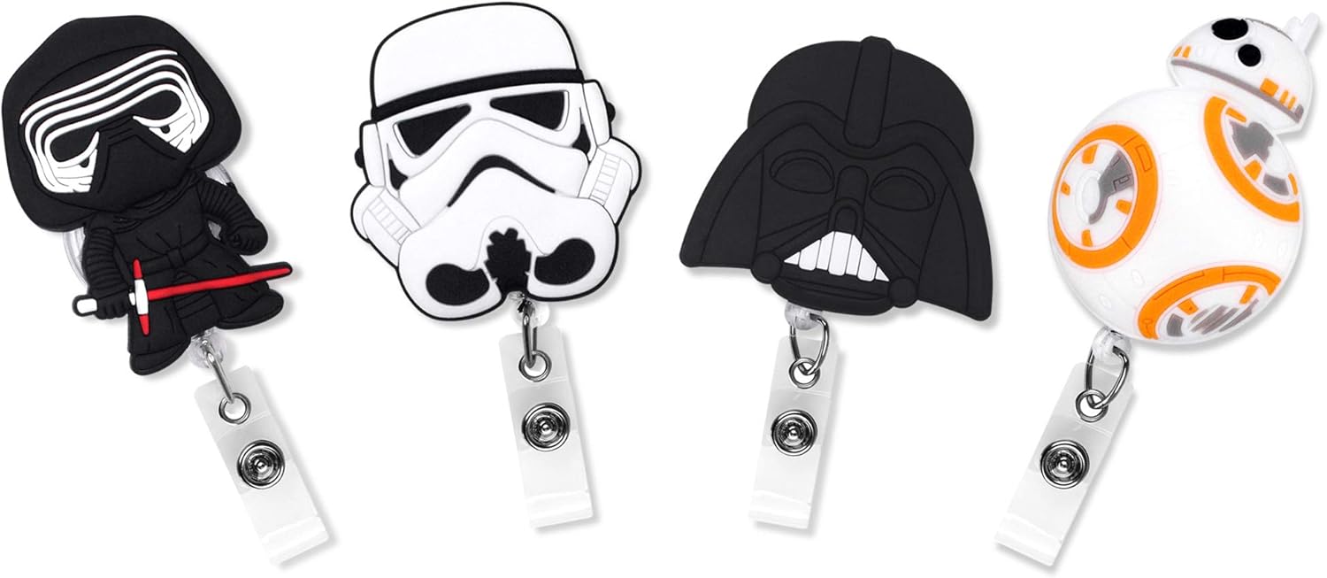 4 Pcs Set Star Movie Calm and Storm Badge ID Clip Reel Retractable Holder Office Work Nurse Name Badge Tag Clip On Card Holders Cute - 30 inch Cord Extension
