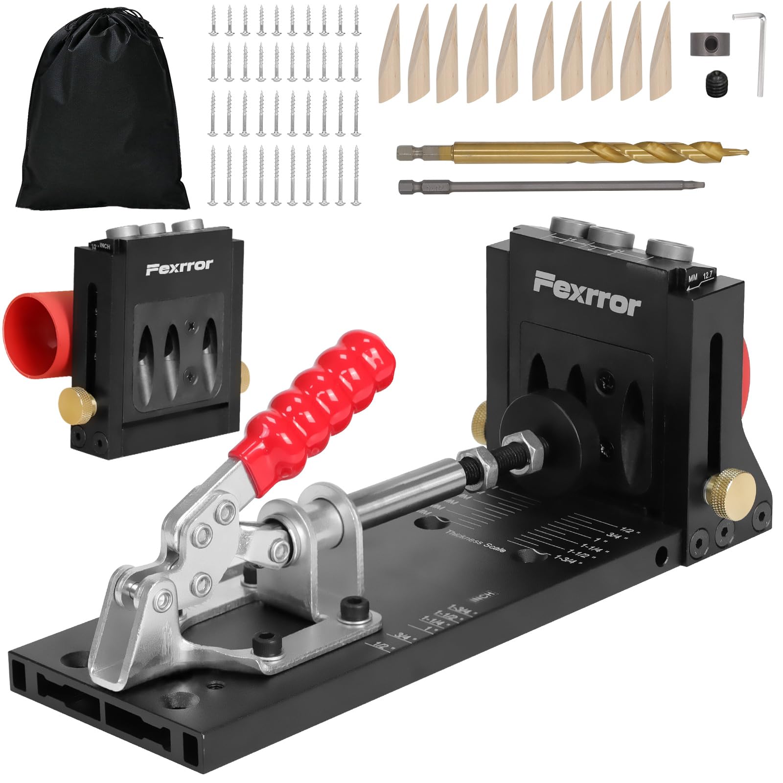 Pocket Hole Jig Set, Aluminium Taschenloch Bohrschablone mit Dreitaschenloch, Staubanschluss, Schrägloch Bohrhilfe für Holzbearbeitung, Heimwerken, Handwerk