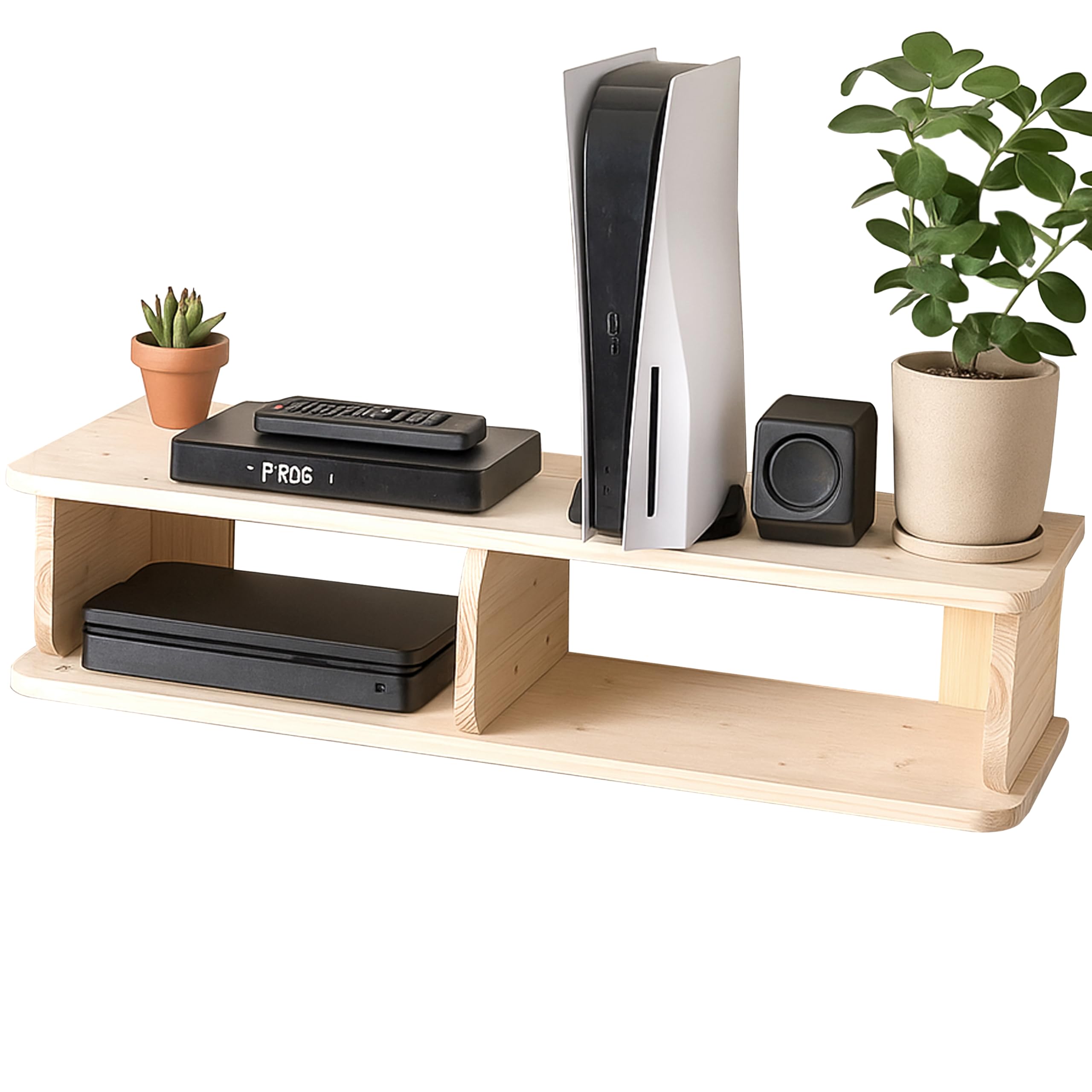 Decazone Floating TV Shelf | Wall-Mounted Media Console for Wi-Fi Router, Set-Top Box | Solid Pine Wood with Natural Wax Finish-image-36