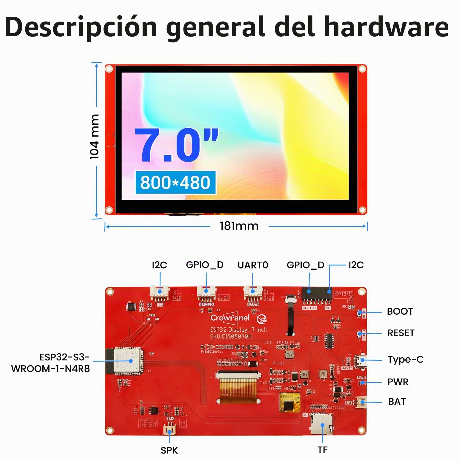 ELECROW ESP32 Display 800×480, pantalla táctil LCD HMI ESP32 RGB TFT de 7 pulgadas, procesador LX6 de doble núcleo de 32 bits, hasta 240 MHz, compatible con Arduino, LVGL, PlatformIO, MicroPython (sin