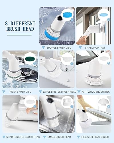 Miniatura 5 de Augot - Limpiador eléctrico inalámbrico giratorio de 59 pulgadas con mango largo para limpieza, cepillo de limpieza eléctrico de 3 velocidades con 8
