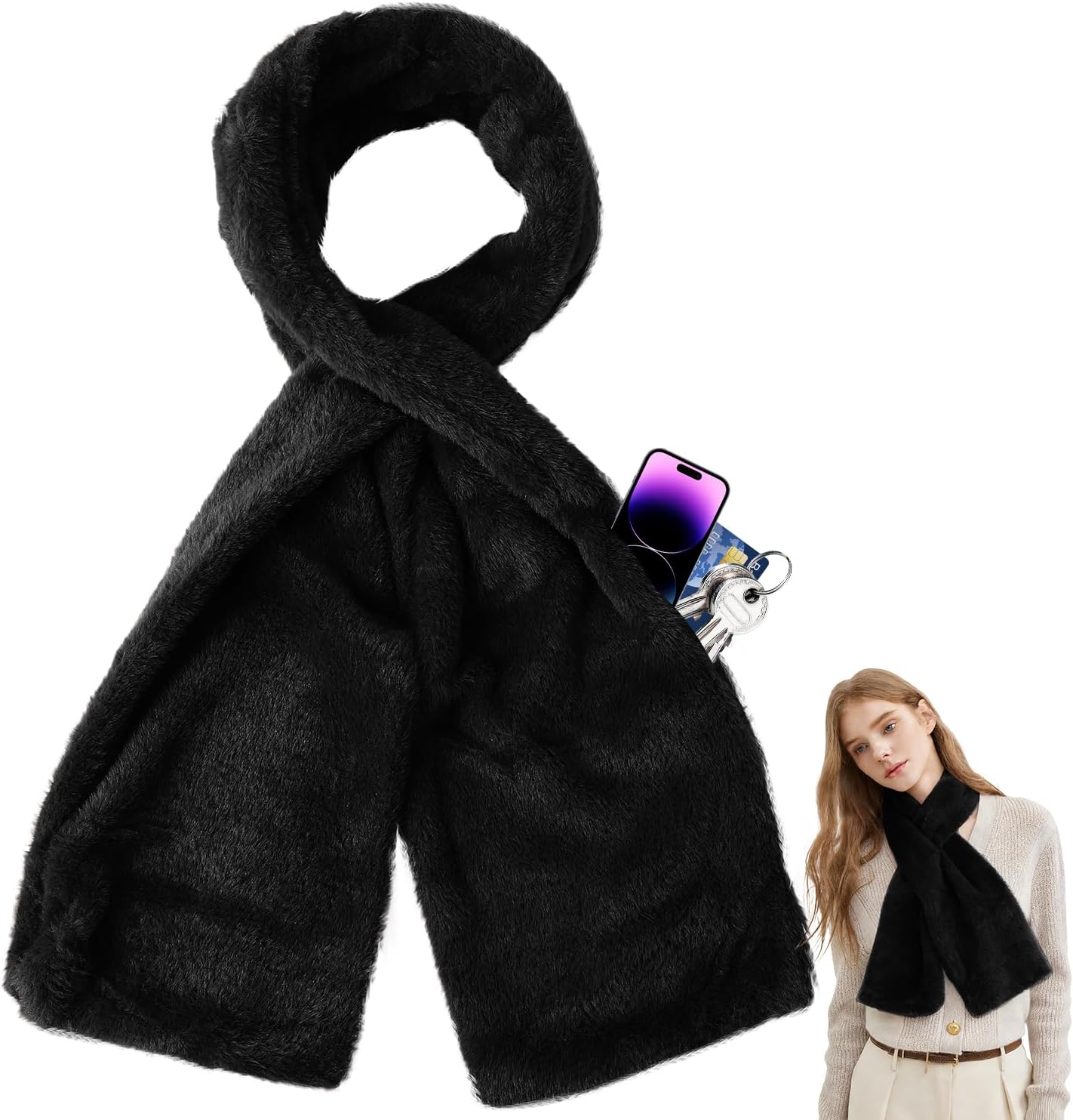 Faux-Fur Pull Through Scarf With Hidden Zipper Pocket for Women,Fur Neck Collar Scarf Cozy Wrap Secure Concealed Storage