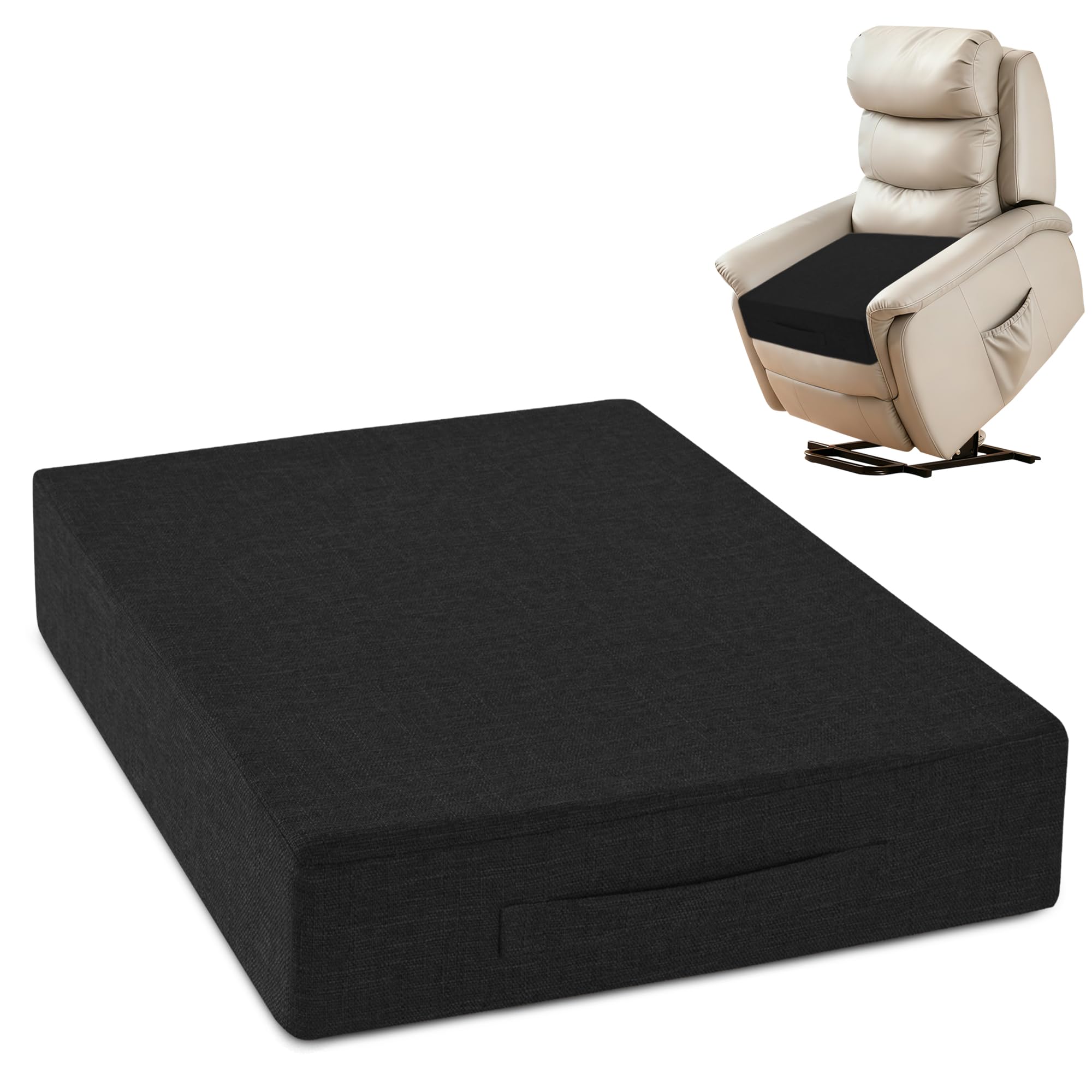Cuscino per sedia reclinabile per anziani, 50 x 50 x 10 cm, spesso, grande, con maniglia, quadrato, antiscivolo, con fodera lavabile, per divano, poltrona, sedie, nero