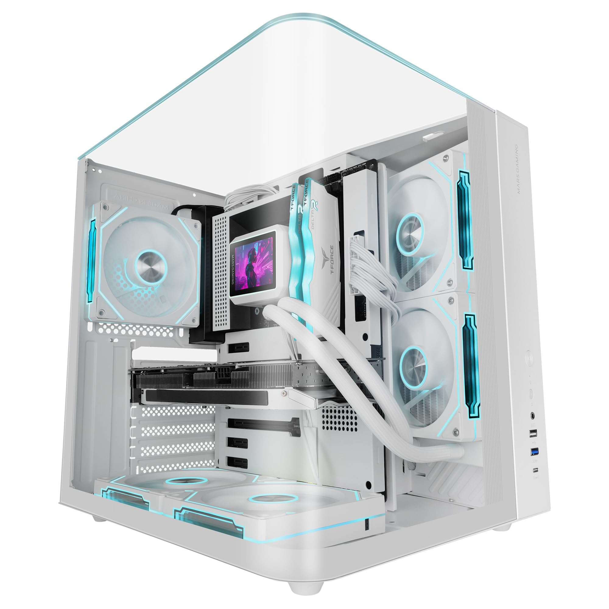 Mars Gaming MC-INFINIOLITE, Case Gaming ATX, Vetro Temperato Curvo Continuo Senza Cornice, Pannello Superiore in Vetro, Struttura a Doppia Camera, Supporto Raffreddamento Liquido fino a 240mm, Bianco