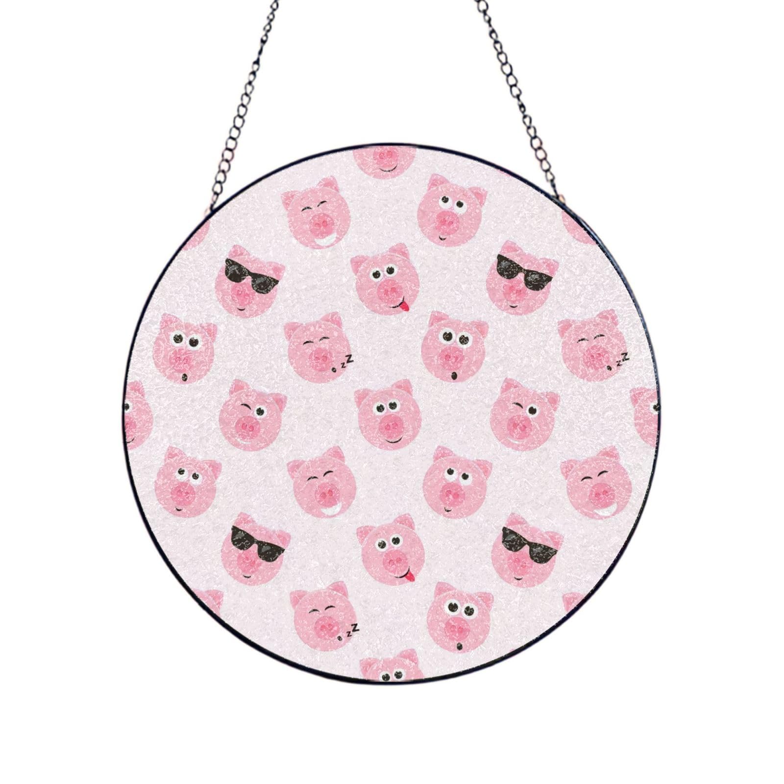 Phayah Funny Pink Pig Face Print Glass Window Hanging Round Suncatcher Glass Ornament Garden Wall Fence Decorations Indoor Outdoor 12in（30cm）
