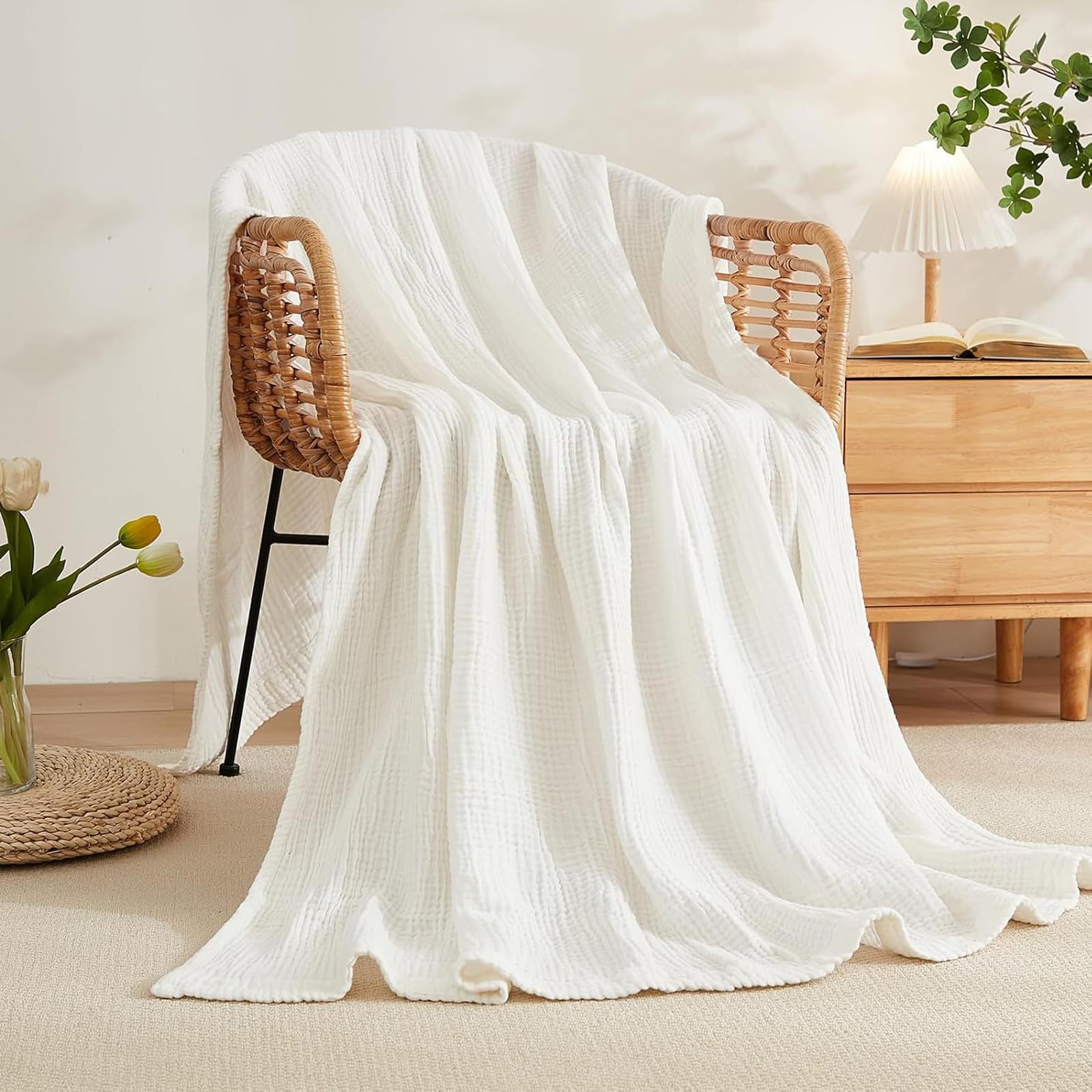 Knubbuf Soft Muslin Blanket, 2026 New 100% Natural Cotton Muslin Blanket, Cotton Throws For Sofas, Summer Muslin Bedspread, Blankets for Adults, Children & Babies (White, Queen(150x200)