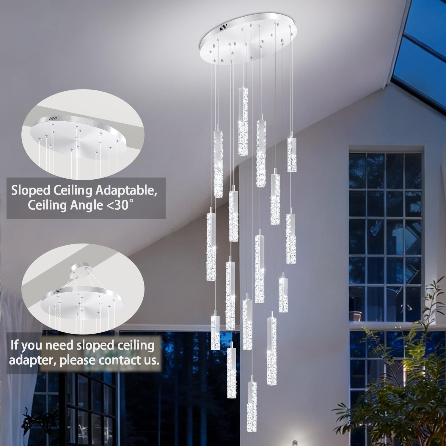 Long Spiral Crystal Chandelier Modern High Ceiling Chandelier Lighting for Foyer Silver 16-Light Staircase Ceiling Light D24inxH138in