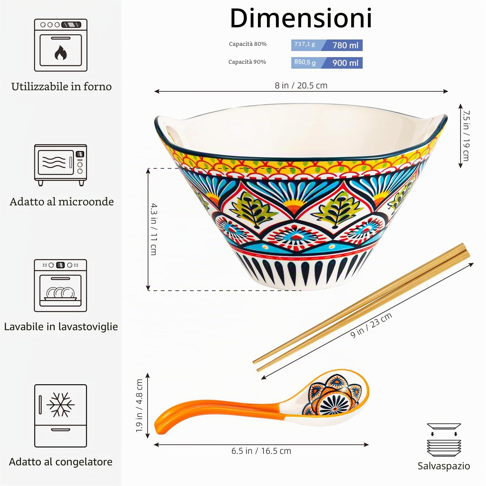HENXFEN LEAD Set di ciotole per ramen giapponese in porcellana, 2 pezzi 780ml Ciotola per zuppa colorata con bastoncini e cucchiaio - Stile bohémien
