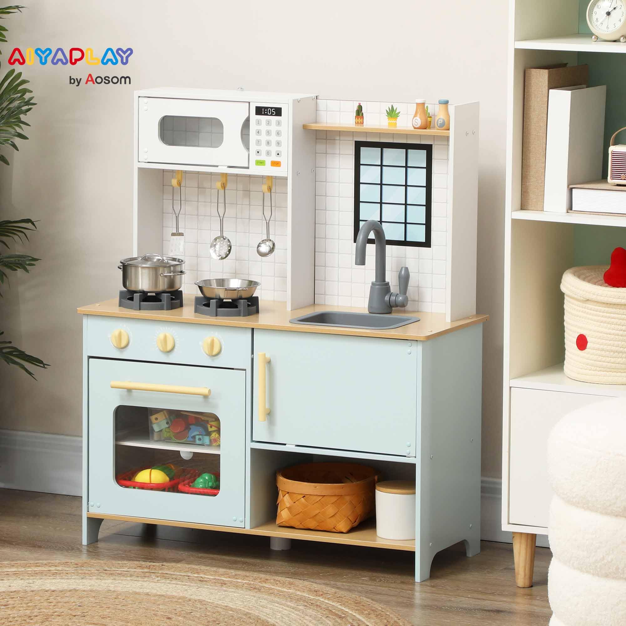 AIYAPLAY Cocina de Juguete para Niños +3 Años Cocina de Madera Infantil Cocinita Infantil con Sonido Fogón Horno Grifo Fregadero Microondas y Accesorios de Cocina Azul
