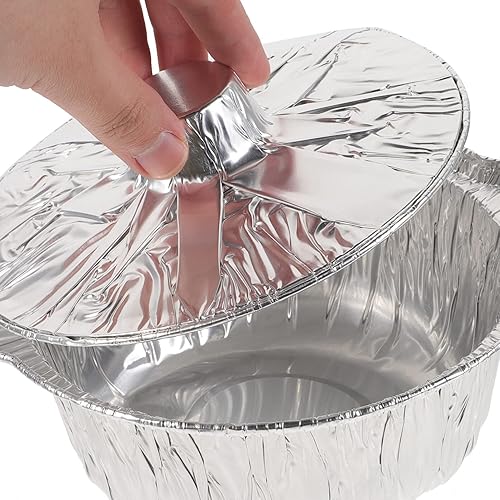 Miniatura 6 de INOOMP 5 juegos de sartenes de papel de aluminio con tapa, sartenes redondas de papel de aluminio de 33.8 fl oz, latas desechables para hornear,