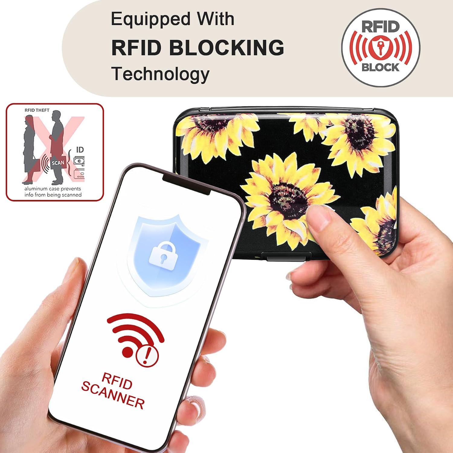 ELFISH Mini RFID Aluminum Wallet Credit Cards Holder Business Card Case Metal ID Case for Men Women (Yellow sunflower)