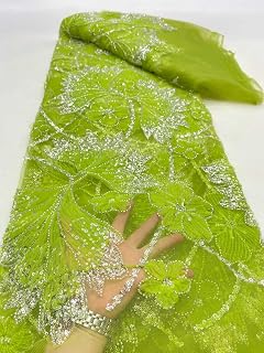 Luxury 3D Embroidered Wedding Dress Net Lace Fabric with Sequins and Beads 5 Yards Elegant Laces Material for Bridal Gowns (Lemon Green,5 Yards)