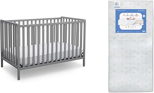 Delta Children Heartland - Cuna convertible 4 en 1 gris  Delta Children Twinkle Galaxy de doble cara con núcleo de fibra reciclada para cuna y