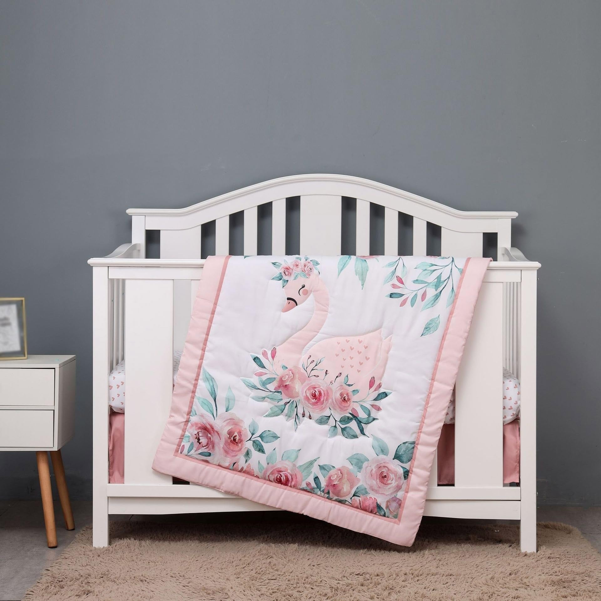 THE WHITE SHOP Peanut Shell Crib Bedding Set for Girls, Fairytale Forest, 3 Piece (Blue/Pink) (Color : Pink)
