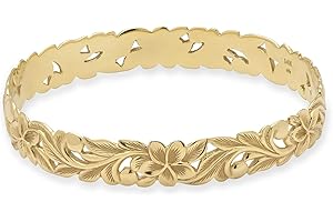 10K Gold Diamond Cut Hawaiian Scalloped Queen Design Bangle Bracelet