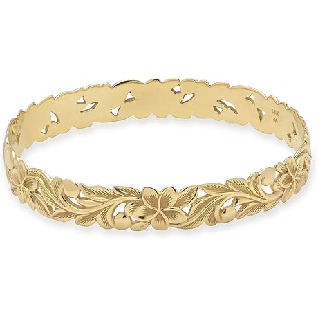 10K Gold Diamond Cut Hawaiian Scalloped Queen Design Bangle Bracelet