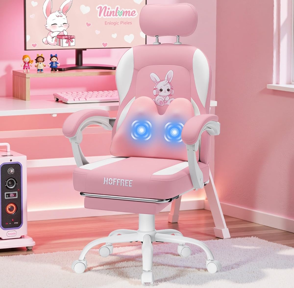Pink Gaming Chair for Girl Kids Massage Computer Chairs with Cute Bunny | Cute Silla Gamer 135° Reclining Game Cahir with Footrest Kids Desk Office Chair with Adjustable Headrest Lumbar Pillow