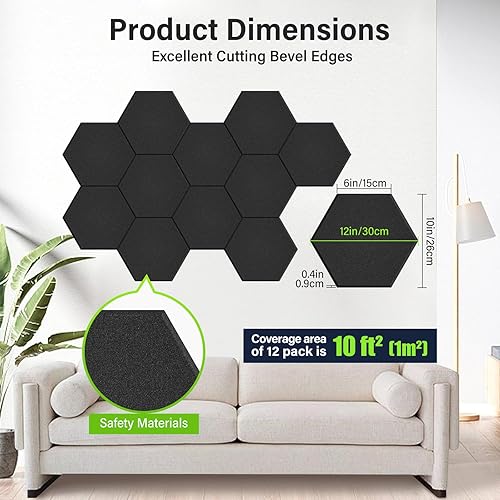 Miniatura 7 de Paquete de 12 paneles acústicos, paneles hexagonales negros, azulejos de espuma acústica autoadhesivos, paneles a prueba de sonido para estudio de