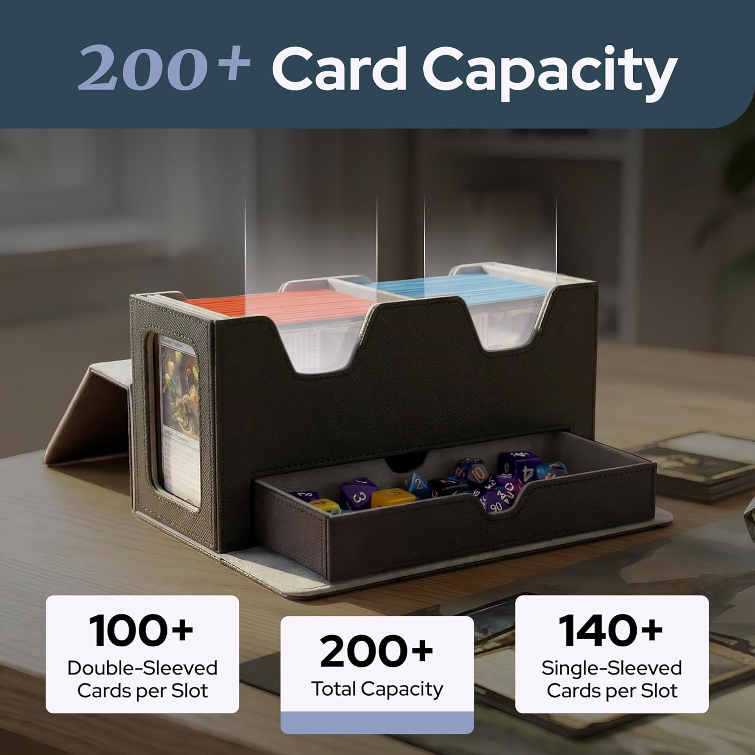 Card Deck Box Fits 200+ Double Sleeved，Commander Deck Box for Magic the Gathering with Dice Tray & Toploader Display,2 Dividers