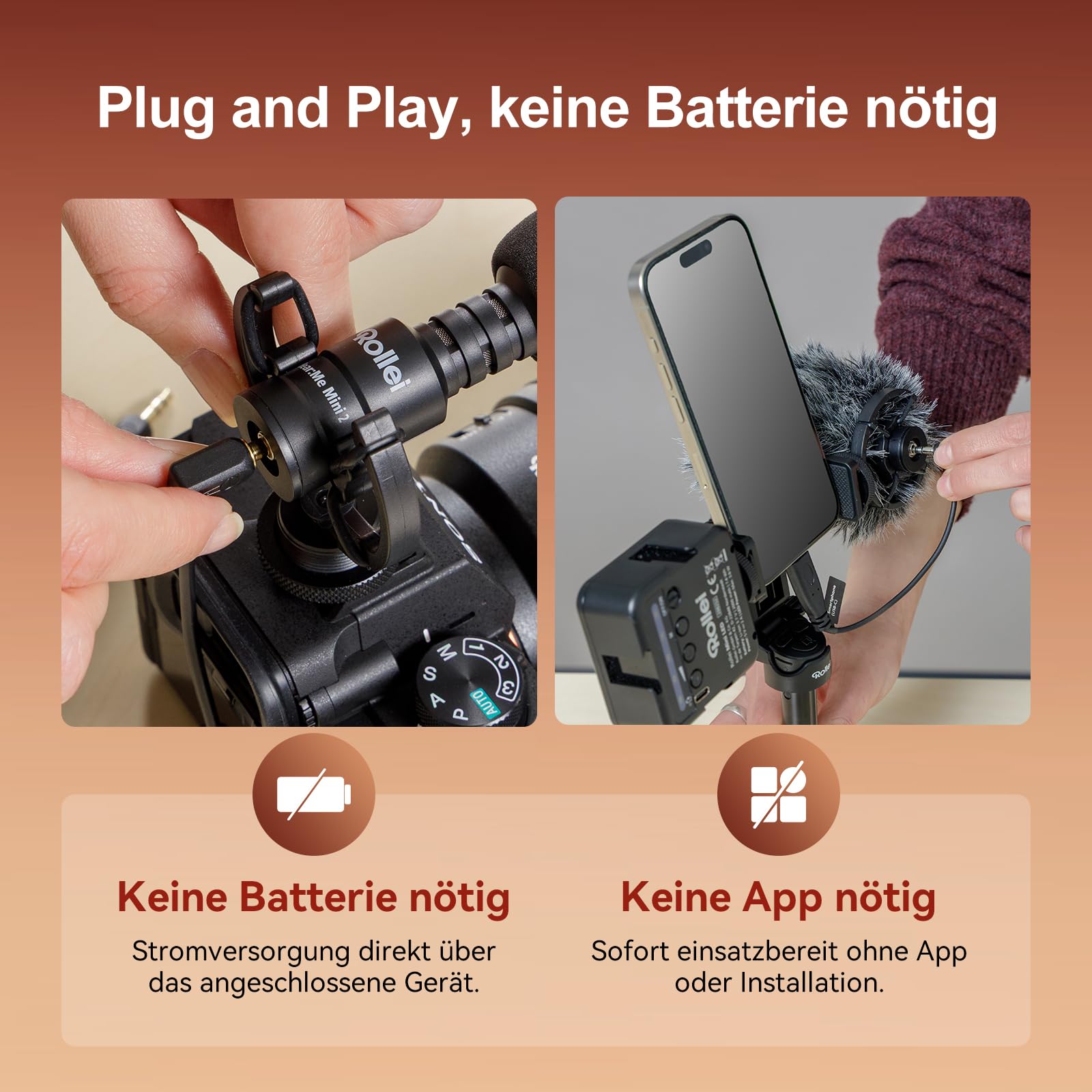 Rollei Hear:Me Mini 2 Richtmikrofon für Kamera und Handy Professionelle, Video Shotgun Externe Mic Cardioid Polar Pattern, Kleine Mikrofone für Streaming Tiktok YouTube, Kamera-Handy-Mikrofon-Video