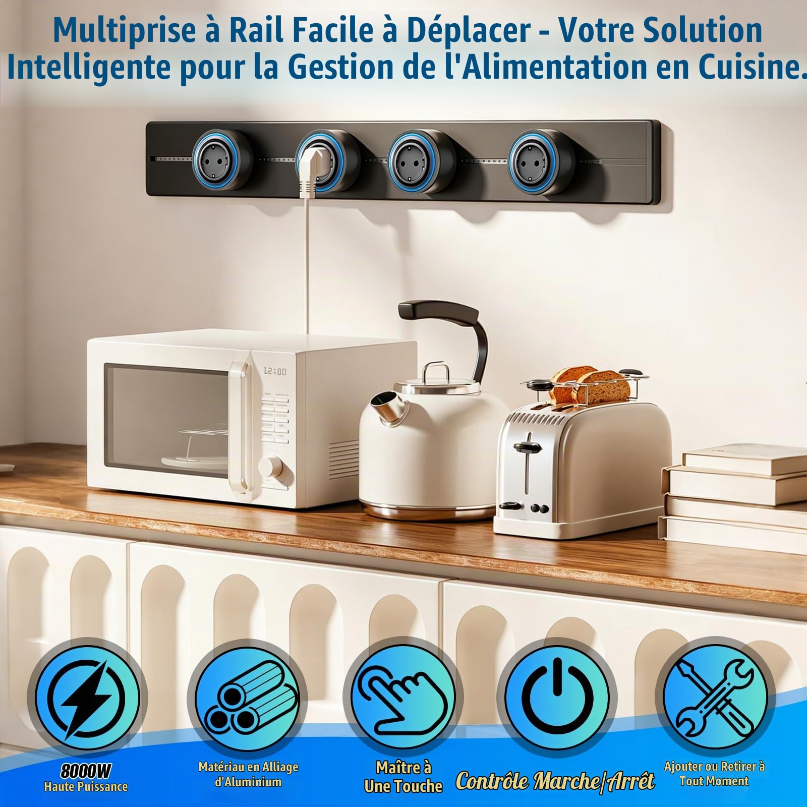 Rail Électrique Apparent 50 cm, avec 4 Prises EU – Modules Déplaçables, Alimentation Rotative Marche/Arrêt, Installation Facile sans Encastrement Mural, Idéal pour Cuisine, Salon Et Chambre