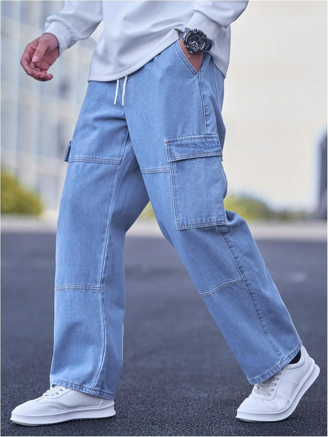 Verdusa Men's Cargo Jeans Streetwear Drawstring Waist Straight Leg Denim Pants with Pockets - Image 2